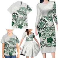 Polynesian Manta Ray Family Matching Long Sleeve Bodycon Dress and Hawaiian Shirt Green Floral Turtle Tattoo - Polynesian Pride