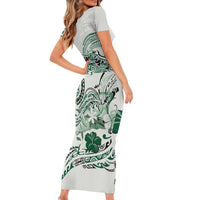 Polynesian Manta Ray Family Matching Short Sleeve Bodycon Dress and Hawaiian Shirt Green Floral Turtle Tattoo - Polynesian Pride