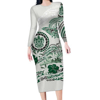 Polynesian Manta Ray Long Sleeve Bodycon Dress Green Floral Turtle Tattoo - Polynesian Pride