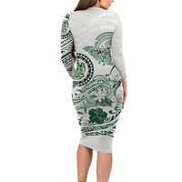 Polynesian Manta Ray Long Sleeve Bodycon Dress Green Floral Turtle Tattoo - Polynesian Pride