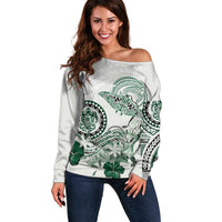 Polynesian Manta Ray Off Shoulder Sweater Green Floral Turtle Tattoo - Polynesian Pride