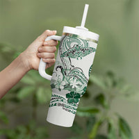 Polynesian Manta Ray Tumbler With Handle Green Floral Turtle Tattoo - Polynesian Pride