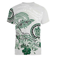Polynesian Manta Ray Women V-Neck T-Shirt Green Floral Turtle Tattoo - Polynesian Pride