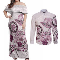 Polynesian Manta Ray Couples Matching Off Shoulder Maxi Dress and Long Sleeve Button Shirt Pink Floral Turtle Tattoo LT9 Pink - Polynesian Pride