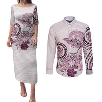 Polynesian Manta Ray Couples Matching Puletasi and Long Sleeve Button Shirt Pink Floral Turtle Tattoo LT9 Pink - Polynesian Pride