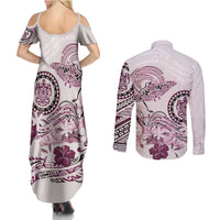 Polynesian Manta Ray Couples Matching Summer Maxi Dress and Long Sleeve Button Shirt Pink Floral Turtle Tattoo LT9 - Polynesian Pride