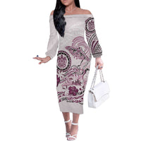 Polynesian Manta Ray Family Matching Off The Shoulder Long Sleeve Dress and Hawaiian Shirt Pink Floral Turtle Tattoo - Polynesian Pride