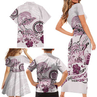 Polynesian Manta Ray Family Matching Short Sleeve Bodycon Dress and Hawaiian Shirt Pink Floral Turtle Tattoo - Polynesian Pride