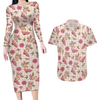 Beige Paniolo Palaka Hawaiian Cowgirl Christmas Couples Matching Long Sleeve Bodycon Dress and Hawaiian Shirt - Polynesian Pride