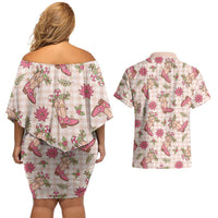 Beige Paniolo Palaka Hawaiian Cowgirl Christmas Couples Matching Off Shoulder Short Dress and Hawaiian Shirt - Polynesian Pride