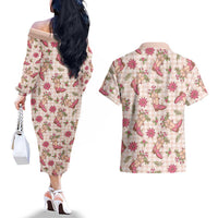 Beige Paniolo Palaka Hawaiian Cowgirl Christmas Couples Matching Off The Shoulder Long Sleeve Dress and Hawaiian Shirt - Polynesian Pride