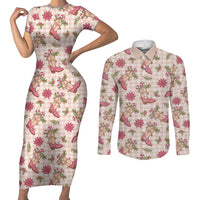Beige Paniolo Palaka Hawaiian Cowgirl Christmas Couples Matching Short Sleeve Bodycon Dress and Long Sleeve Button Shirt - Polynesian Pride