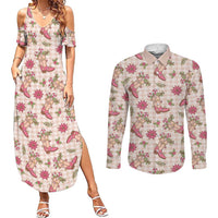 Beige Paniolo Palaka Hawaiian Cowgirl Christmas Couples Matching Summer Maxi Dress and Long Sleeve Button Shirt - Polynesian Pride