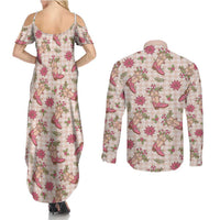 Beige Paniolo Palaka Hawaiian Cowgirl Christmas Couples Matching Summer Maxi Dress and Long Sleeve Button Shirt - Polynesian Pride