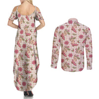 Beige Paniolo Palaka Hawaiian Cowgirl Christmas Couples Matching Summer Maxi Dress and Long Sleeve Button Shirt - Polynesian Pride