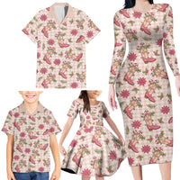 Beige Paniolo Palaka Hawaiian Cowgirl Christmas Family Matching Long Sleeve Bodycon Dress and Hawaiian Shirt - Polynesian Pride