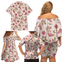 Beige Paniolo Palaka Hawaiian Cowgirl Christmas Family Matching Off Shoulder Short Dress and Hawaiian Shirt - Polynesian Pride