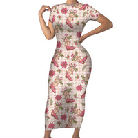 Beige Paniolo Palaka Hawaiian Cowgirl Christmas Short Sleeve Bodycon Dress LT9 Long Dress Beige - Polynesian Pride