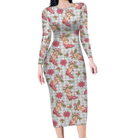 Gray Paniolo Palaka Hawaiian Cowgirl Christmas Family Matching Long Sleeve Bodycon Dress and Hawaiian Shirt - Polynesian Pride