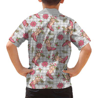 Gray Paniolo Palaka Hawaiian Cowgirl Christmas Family Matching Off The Shoulder Long Sleeve Dress and Hawaiian Shirt - Polynesian Pride