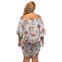 Gray Paniolo Palaka Hawaiian Cowgirl Christmas Family Matching Off Shoulder Short Dress and Hawaiian Shirt - Polynesian Pride