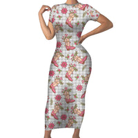 Gray Paniolo Palaka Hawaiian Cowgirl Christmas Short Sleeve Bodycon Dress LT9 Long Dress Gray - Polynesian Pride
