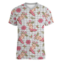 Gray Paniolo Palaka Hawaiian Cowgirl Christmas Women V-Neck T-Shirt - Polynesian Pride