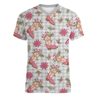 Gray Paniolo Palaka Hawaiian Cowgirl Christmas Women V-Neck T-Shirt - Polynesian Pride