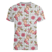 Gray Paniolo Palaka Hawaiian Cowgirl Christmas Women V-Neck T-Shirt - Polynesian Pride