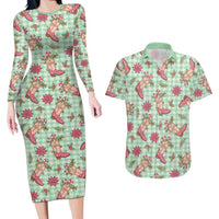 Green Paniolo Palaka Hawaiian Cowgirl Christmas Couples Matching Long Sleeve Bodycon Dress and Hawaiian Shirt - Polynesian Pride