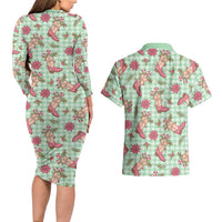 Green Paniolo Palaka Hawaiian Cowgirl Christmas Couples Matching Long Sleeve Bodycon Dress and Hawaiian Shirt - Polynesian Pride