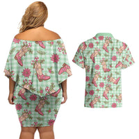 Green Paniolo Palaka Hawaiian Cowgirl Christmas Couples Matching Off Shoulder Short Dress and Hawaiian Shirt - Polynesian Pride