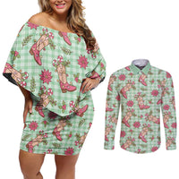 Green Paniolo Palaka Hawaiian Cowgirl Christmas Couples Matching Off Shoulder Short Dress and Long Sleeve Button Shirt - Polynesian Pride