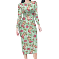 Green Paniolo Palaka Hawaiian Cowgirl Christmas Family Matching Long Sleeve Bodycon Dress and Hawaiian Shirt - Polynesian Pride