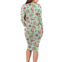 Green Paniolo Palaka Hawaiian Cowgirl Christmas Family Matching Long Sleeve Bodycon Dress and Hawaiian Shirt - Polynesian Pride