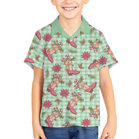 Green Paniolo Palaka Hawaiian Cowgirl Christmas Family Matching Off The Shoulder Long Sleeve Dress and Hawaiian Shirt - Polynesian Pride