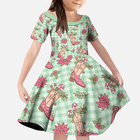 Green Paniolo Palaka Hawaiian Cowgirl Christmas Family Matching Off Shoulder Short Dress and Hawaiian Shirt - Polynesian Pride