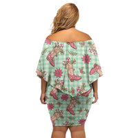 Green Paniolo Palaka Hawaiian Cowgirl Christmas Family Matching Off Shoulder Short Dress and Hawaiian Shirt - Polynesian Pride