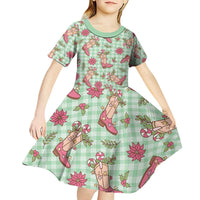 Green Paniolo Palaka Hawaiian Cowgirl Christmas Kid Short Sleeve Dress - Polynesian Pride