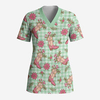 Green Paniolo Palaka Hawaiian Cowgirl Christmas Scrub Top LT9 Adult Green - Polynesian Pride