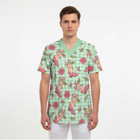 Green Paniolo Palaka Hawaiian Cowgirl Christmas Scrub Top LT9 - Polynesian Pride