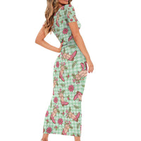 Green Paniolo Palaka Hawaiian Cowgirl Christmas Short Sleeve Bodycon Dress LT9 - Polynesian Pride