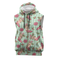 Green Paniolo Palaka Hawaiian Cowgirl Christmas Sleeveless Zip Hoodie - Polynesian Pride