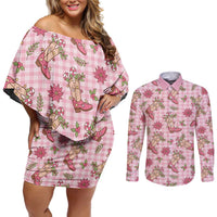 Pink Paniolo Palaka Hawaiian Cowgirl Christmas Couples Matching Off Shoulder Short Dress and Long Sleeve Button Shirt - Polynesian Pride