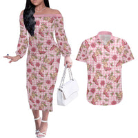 Pink Paniolo Palaka Hawaiian Cowgirl Christmas Couples Matching Off The Shoulder Long Sleeve Dress and Hawaiian Shirt - Polynesian Pride