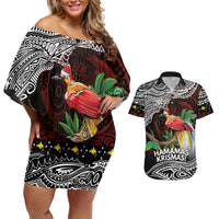 Papua New Guinea Christmas Couples Matching Off Shoulder Short Dress and Hawaiian Shirt LT9 Black - Polynesian Pride