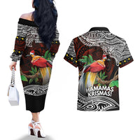 Papua New Guinea Christmas Couples Matching Off The Shoulder Long Sleeve Dress and Hawaiian Shirt - Polynesian Pride