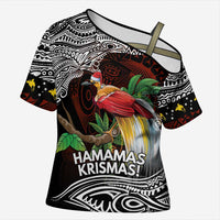Papua New Guinea Christmas Cross Shoulder Shirt LT9 Female Black - Polynesian Pride