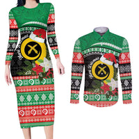 Vanuatu Pig's Tusk Meri Krismas! Couples Matching Long Sleeve Bodycon Dress and Long Sleeve Button Shirt Vanuatuan Sand Drawing Pattern - Polynesian Pride