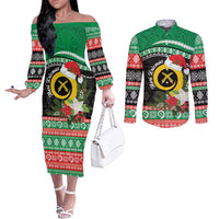 Vanuatu Pig's Tusk Meri Krismas! Couples Matching Off The Shoulder Long Sleeve Dress and Long Sleeve Button Shirt Vanuatuan Sand Drawing Pattern - Polynesian Pride